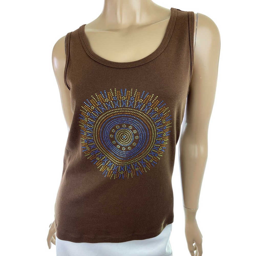 Talbots Sz S Brown Sleeveless Top Cotton Tiny Crystals Green Orange Blue